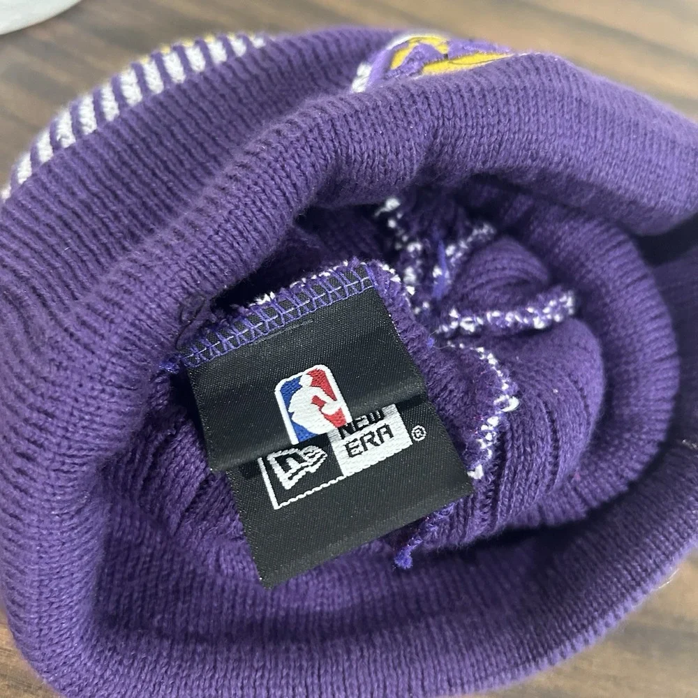 New Era Los Angeles Lakers Beanie Knit Hat Pom Cuffed Purple Gold One Size LA